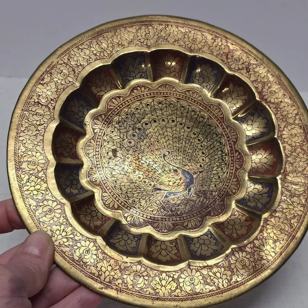 Vintage Engraved Peacock Brass Red Blue Enamel Wall Hanging Traditional Plate